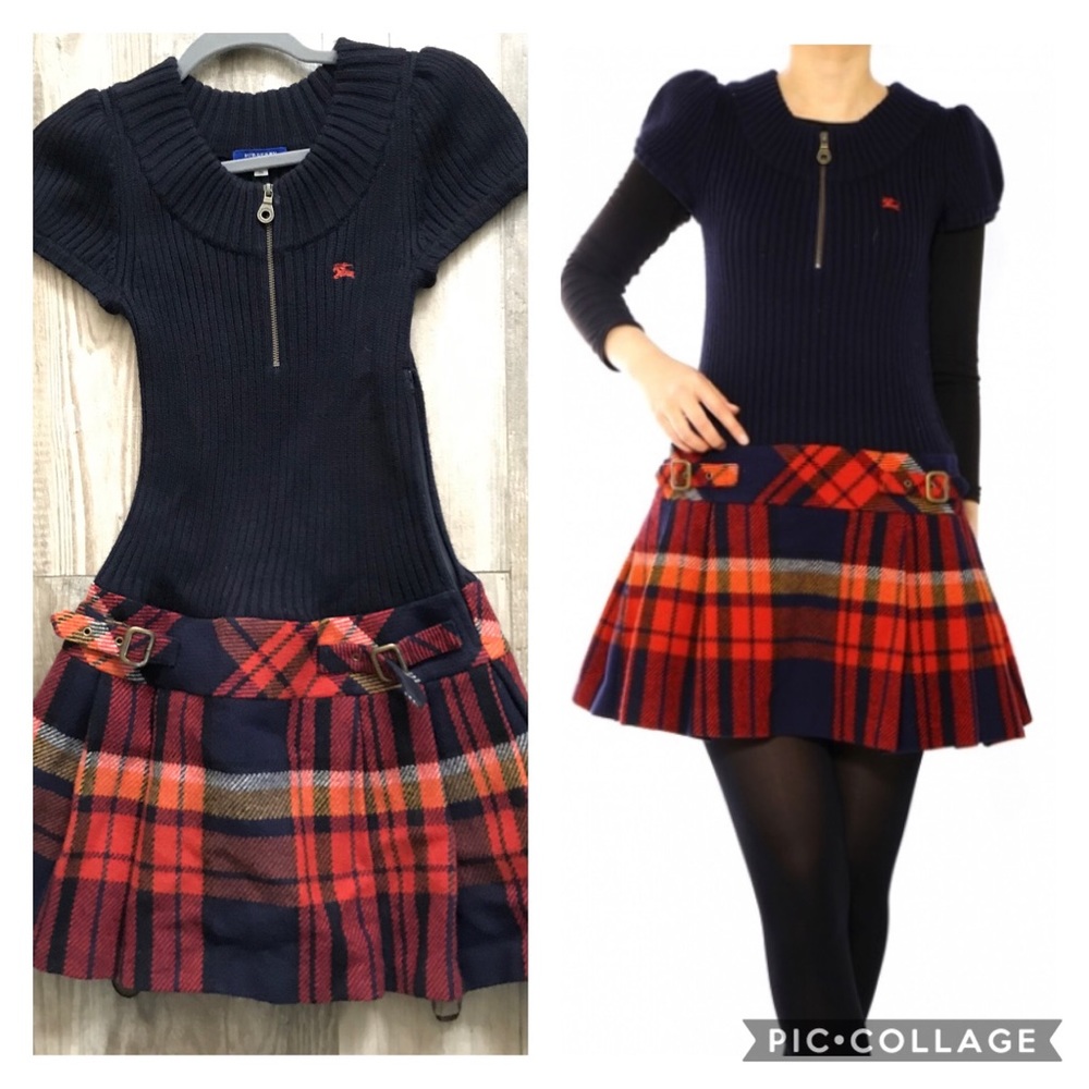 Burberry Blue Label Navy and Red plaid wool chunky sweater pleated dress